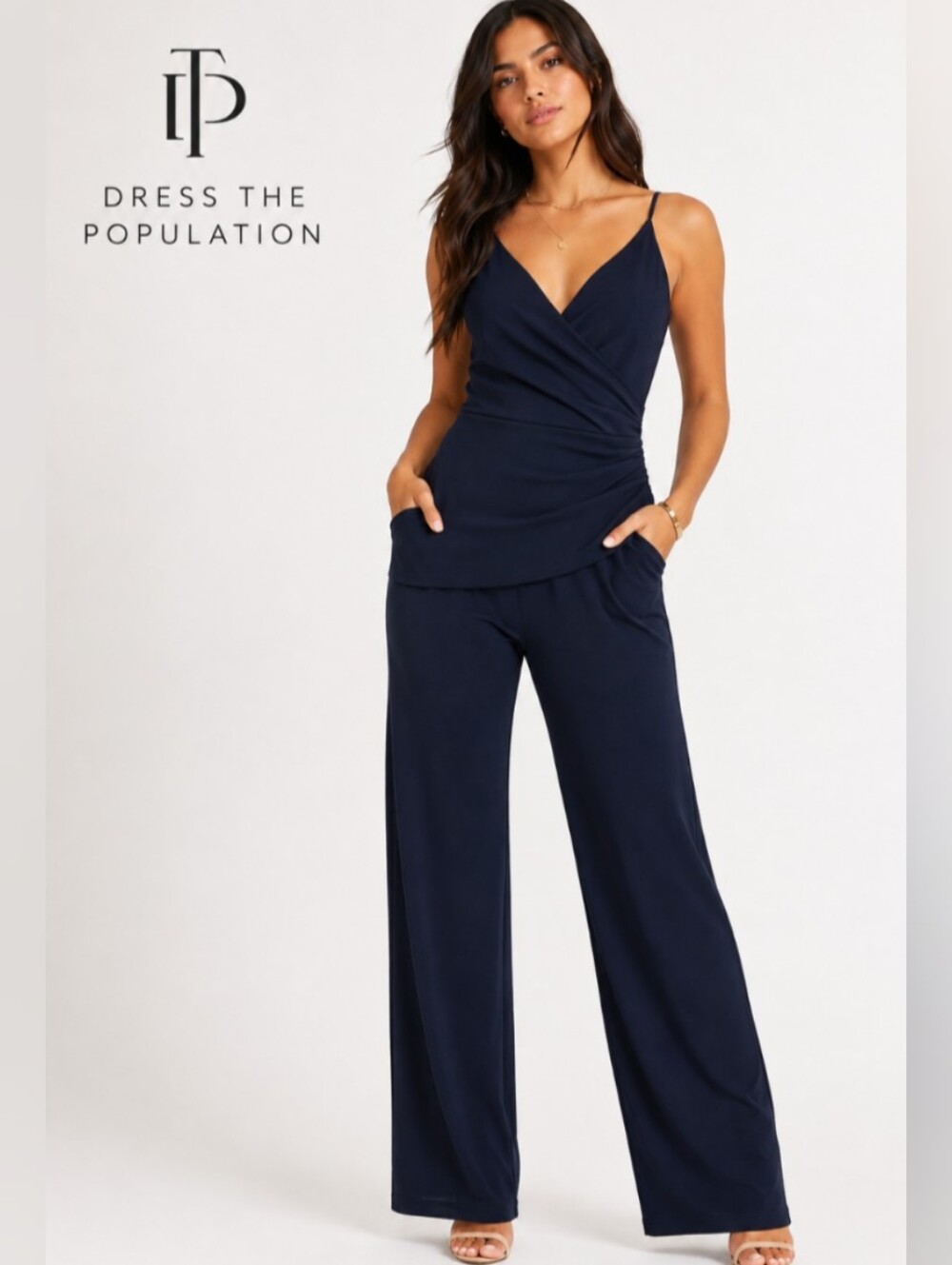 NWT DRESS THE POPULATION Sam BodyCon Jumpsuit Size:S Ruched/Pockets